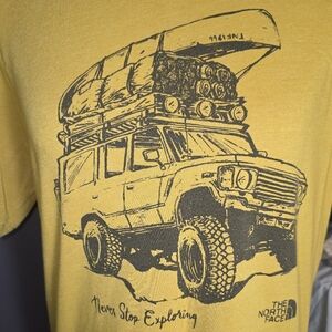 North Face Graphic Tshirt Never Stop Exploring Mens M Mustard Camping Hiking EUC